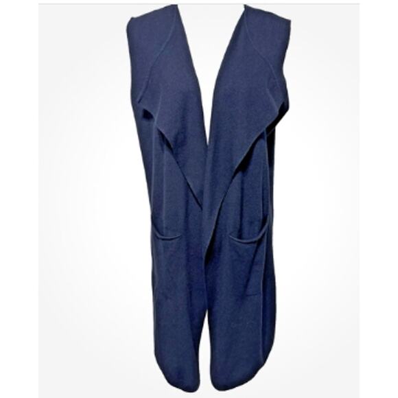 La Vie En Blanc Navy Blue Long Open Vest Pockets One Size Waterfall Lagenlook - Picture 1 of 7